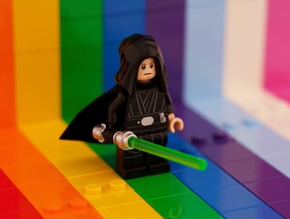Naklejka premium Tambov, Russian Federation - October 01, 2023 A Lego Luke Skywalker minifigure with a lightsaber on a rainbow backdrop.