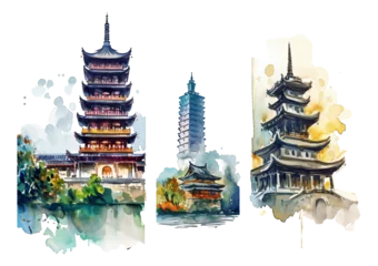 Keuken spatwand met foto Chinese style ancient architecture watercolor stickers © Anthony