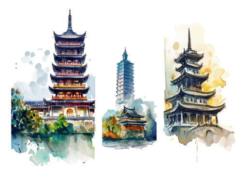 Chinese style ancient architecture watercolor stickers