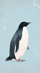 Illustration of penguin on a pastel blue background. Poster for children's playground, storybook, nursery, postcard or vet clinic. Copy space, stylized