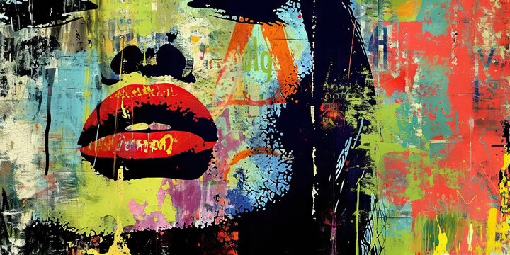 Grunge Gallery: Collage of Faces. A Gallery with Grunge-era Art and 90s Music Memorabilia, Signifying 90s Subculture