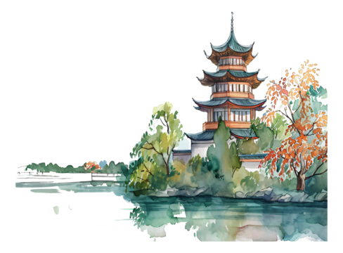 Chinese style ancient architecture watercolor stickers