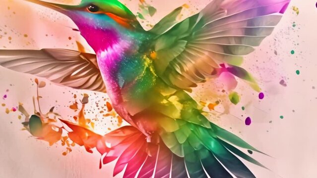 hummingbird in aquarelle style bursting into colorful background
