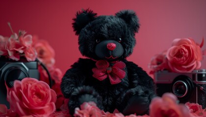 Black Teddy bear with red and pink accessories captured in high definition showcasing a stylish and trendy look with a