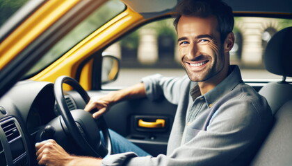 satisfied cab driver driving his yellow cab. He has a neat beard and a nice, relaxed smile. taxi...