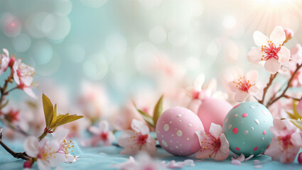 Fototapeta premium Easter arrangement with Easter eggs and spring flowers in pastel colors