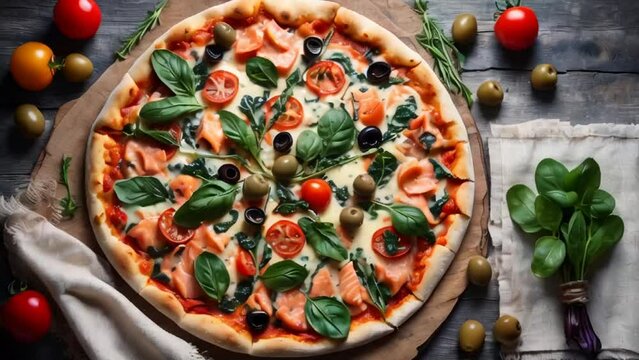 Appetizing pizza with salmon, cream sauce, spinach on the table gourmet
