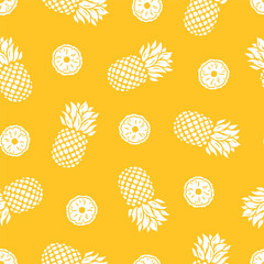 Vector Pineapples Seamless Yellow White Pattern. Floral Summer Background with Pineapple Tropical Fruit, Slices and Leaves.