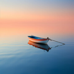 Orange Horizon Over a Tranquil Evening Sea with a Boat Sailing into the Dusk Sky.