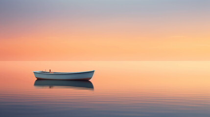 Orange Horizon Over a Tranquil Evening Sea with a Boat Sailing into the Dusk Sky.