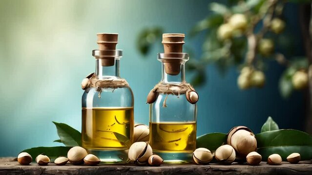 Cosmetic oil in a glass bottle, macadamia nut


