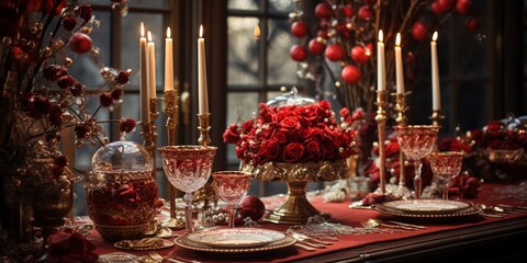 Fototapeta na wymiar Exquisite Red and Gold Accent Pieces Presented in a Festive Setting