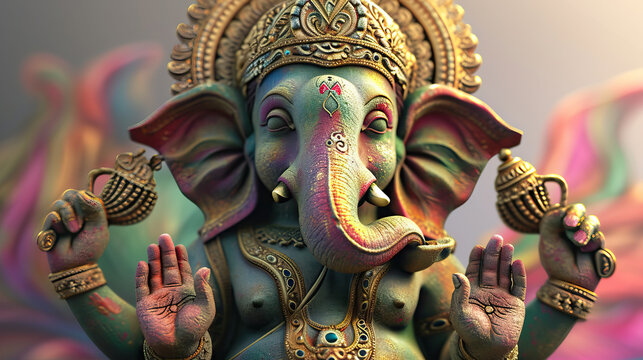 Divine Representation: A 3D Model of the Beautiful Hindu God Ganesha, Depicted in a Modern Artistic Style to Embody the Richness of Religion and Culture