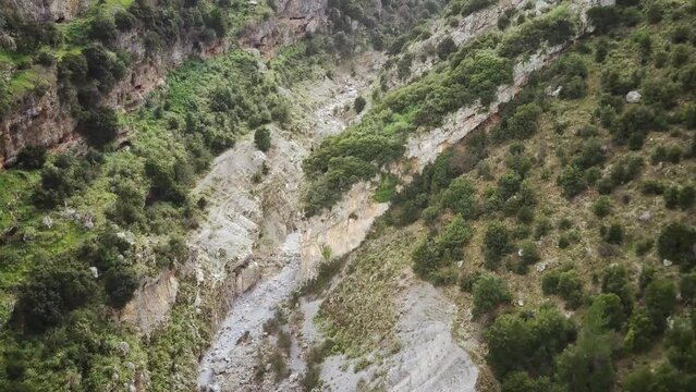 Drone footage of Velitsa Gorge near Tithorea village on a sunny day in Amfikleia-Elateia, Greece