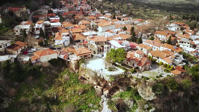 Drone footage of the cityscape of Tithorea on a sunny day in Amfikleia-Elateia, Phthiotis, Greece