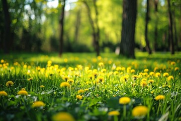 Beautiful spring natural background. Landscape with young lush green grass with blooming dandelions against the background of trees in the garden.