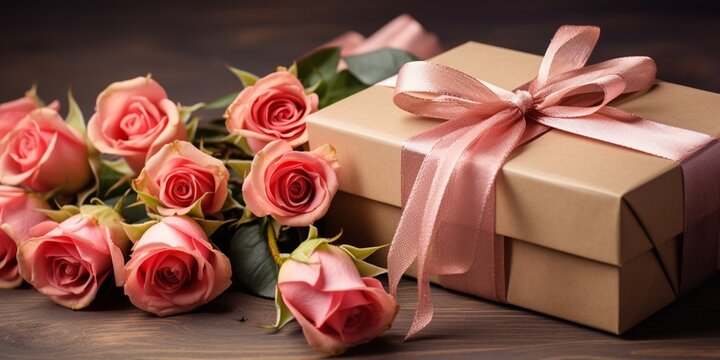 Free photo composition for valentines day with a gift box and a bouquet of roses 