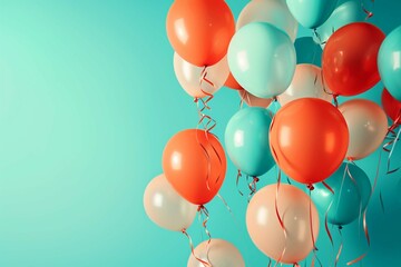 Coral, Orange and Turquoise Balloons Rising in the Air. Modern, Birthday Wallpaper.