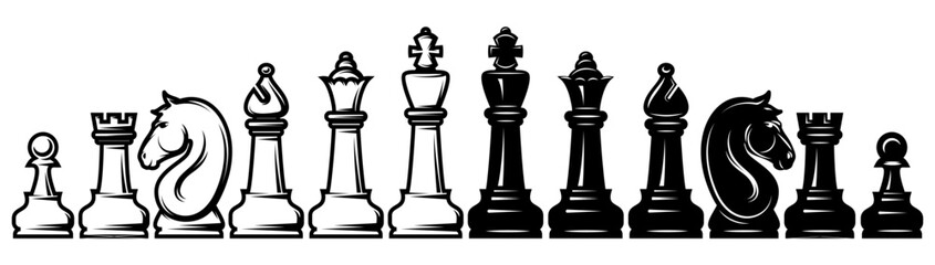 A set of white and black chess arranged in one row. Template for design. Set of elements for design