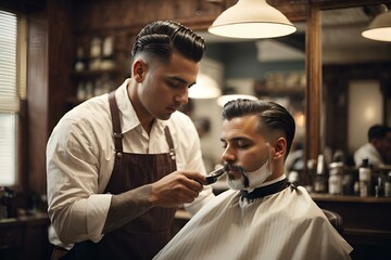 AI generated illustration of A man receiving a professional hair styling by a skilled barber