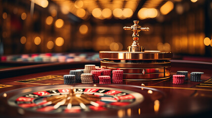 Casino with roulette table in casino with chips. Background casino, no people - Powered by Adobe