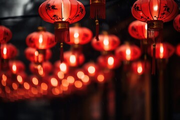 Scarlet lanterns in a dynamic arrangement, Chinese New Year, Generative AI