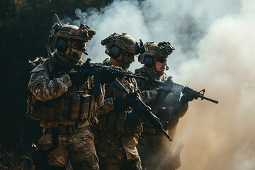 Three soldiers in full combat gear standing together with carrying guns. Private military company servicemen. Brothers in arms. War conflict combatants. Special Forces in the smoke. Army concept.