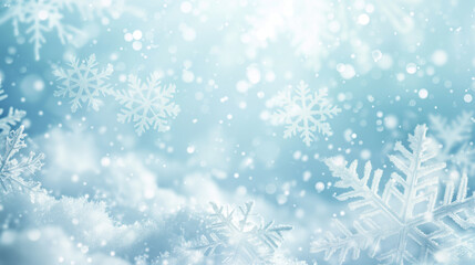 Fototapeta na wymiar A blue winter background with snowflakes of various sizes.