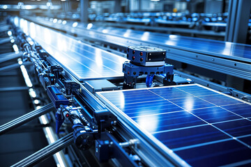 Solar panels on a production line. Production of renewable solar energy.