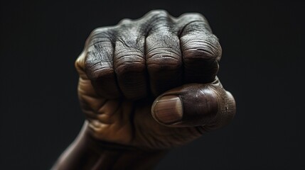Raised fist of a black man, in a fighting attitude. on black background.