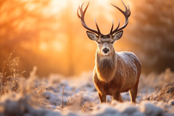 Red deer standing on snow ground in the forest