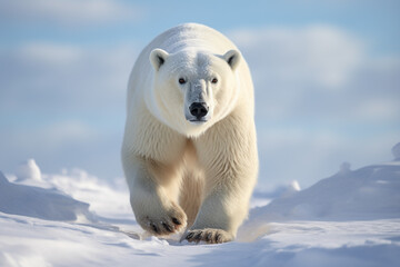 Cute polar bear walking on ice snow.