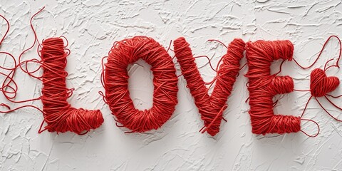 Red yarn in the shape of a word - love on white background.Red thread. Valentine's Day - obrazy, fototapety, plakaty