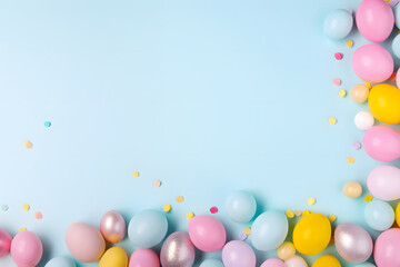 Easter eggs on a blue background with space for text. colorful eggs in pastel colors. easter background