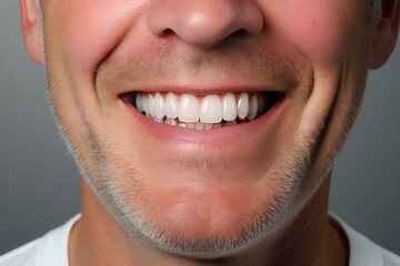 Close up of man's teeth and gums. Snow-white smile. Generative AI.