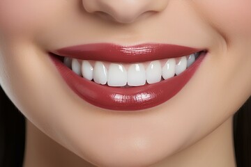 Close up of woman's teeth and gums. Snow-white smile. Generative AI.