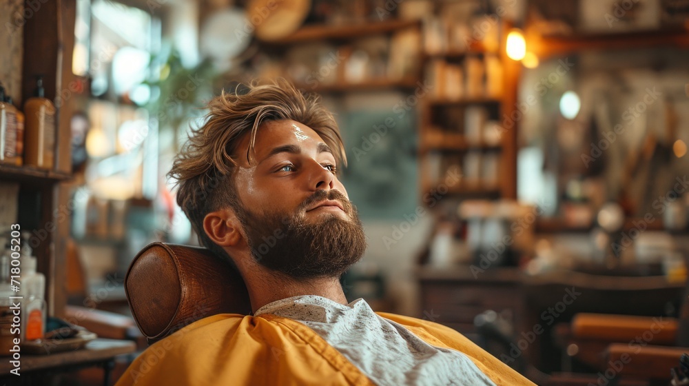 Wall mural Young bearded man getting haircut by hairdresser while sitting in chair at barbershop - Wall murals