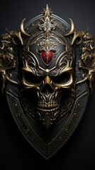 volumetric skull encrusted with precious stones on the surface of the shield