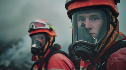 Portrait of two male firefighters on duty, generative AI