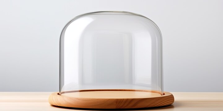 Glass dome and wooden tray on white surface