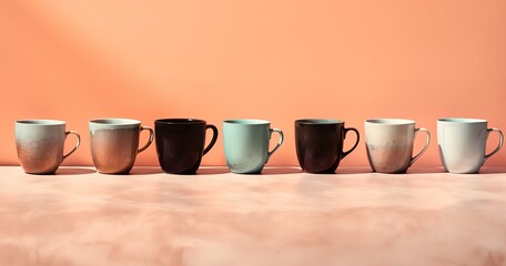 Row of Cups in front of orange background. generative AI