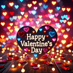 Happy Valentine’s Day - A heart-shaped sign that reads “Happy Valentine’s Day” amidst a backdrop of colorful, illuminated hearts.