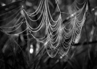 silky spiderweb in morning light with droplets of dew