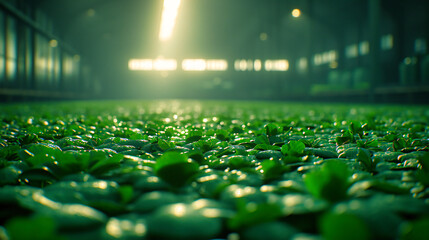 Soccer Stadium at Night, Illuminated Green Field with People in the Background, Vibrant Competition...