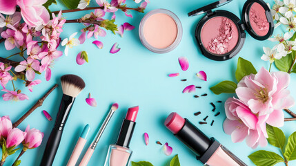 Obraz na płótnie Canvas makeup cosmetics lipstick, blush with flower sprigs on a blue background, top view