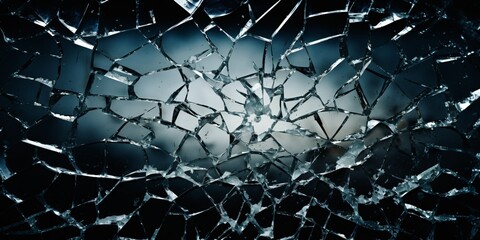 Obraz premium Damaged fragments of shattered glass with a textured black and white grunge overlay on a dark backdrop.