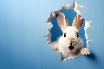 A curious Easter bunny looks out of a hole in a blue wall. congratulatory banner. blue background and space for text