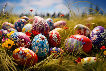 Easter eggs lie in the grass in the sun. colorful Easter eggs in the grass. easter background - obrazy, fototapety, plakaty