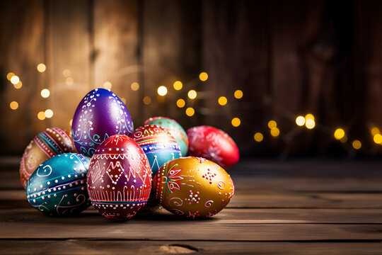 colorful easter eggs lie on a dark wooden background. unusual multi-colored Easter eggs. Easter background. wooden background