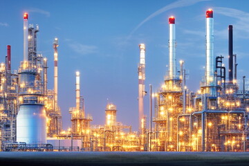 Obraz premium oil and gas power plant refinery with storage tanks facility for oil production or petrochemical factory infrastructure and demand price chart concepts as wide banner hologram hud datum data